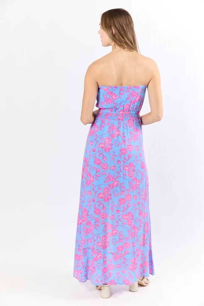 Floral Oasis Blue and Pink Strapless Printed Maxi Dress FINAL SALE - Terpint