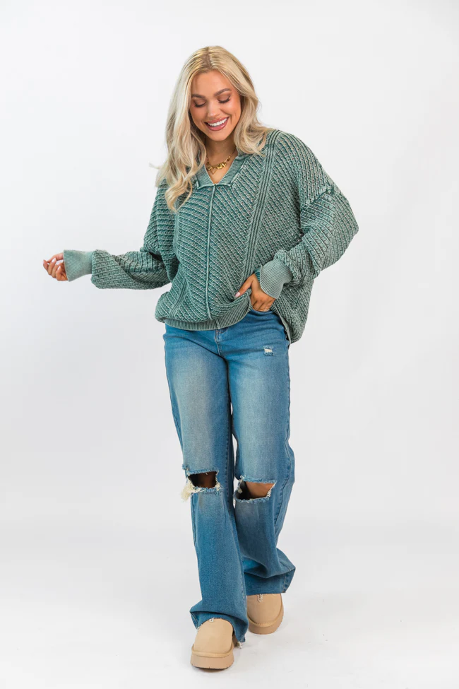 It's Too Easy Olive Acid Wash Sweater FINAL SALE - Terpint