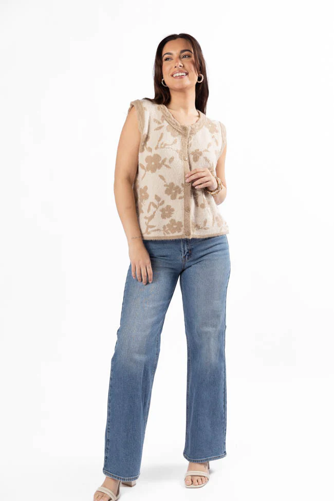 Truly Yours Natural and Taupe Floral Print Sweater Vest FINAL SALE - Terpint