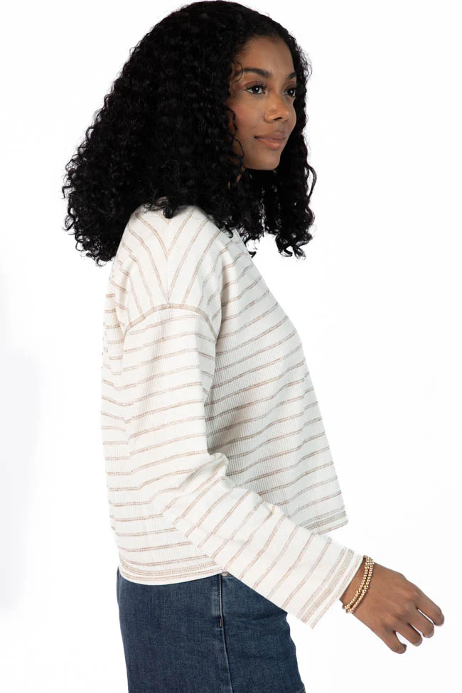 Many Beginnings Cream and Beige Striped Notched Neck Tee FINAL SALE - Terpint