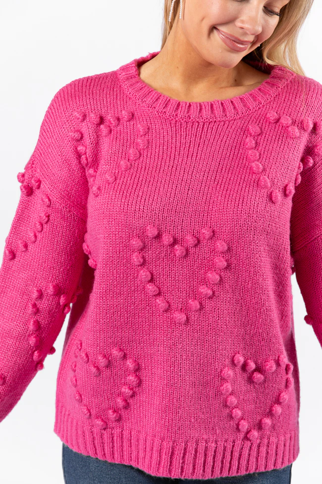 Adore You Hot Pink Oversized Heart Pom Sweater FINAL SALE - Terpint