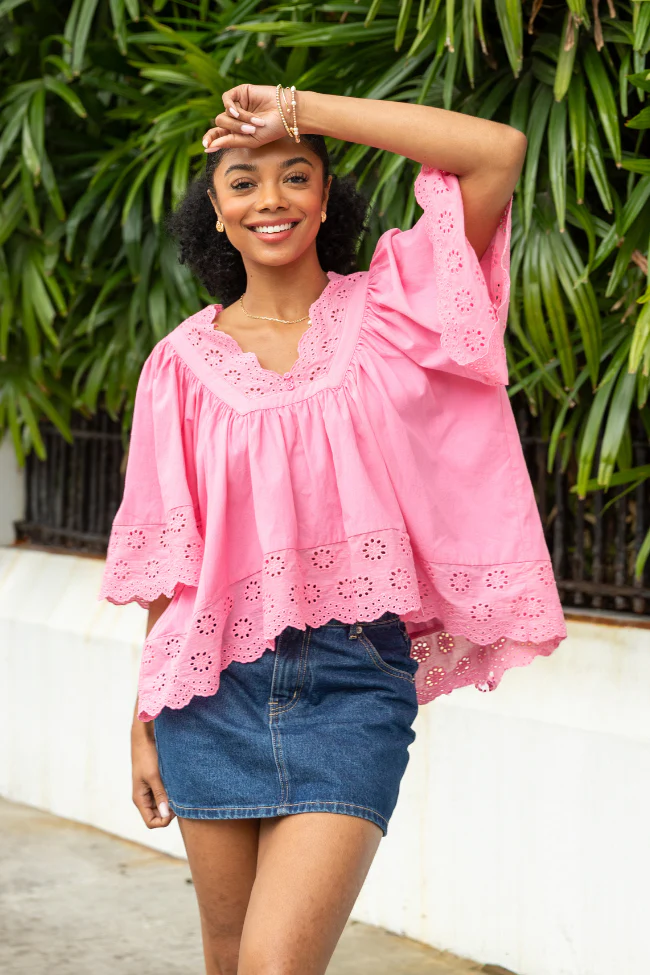 No Regrets Pink Eyelet Detail Popover Short Sleeve Blouse - Terpint