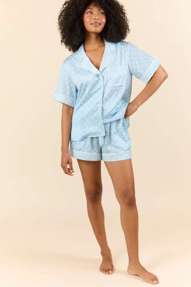 No Alarm Blue Polka Dot Satin Pajama Top - Terpint