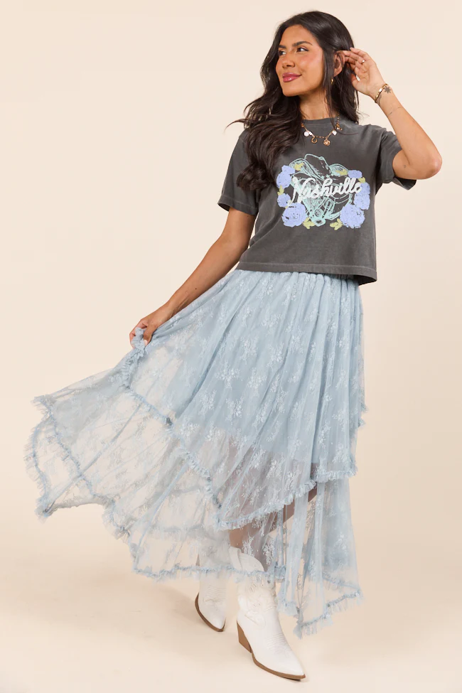 Cynthia Dusty Blue All Over Lace Hanky Hem Skirt - Terpint