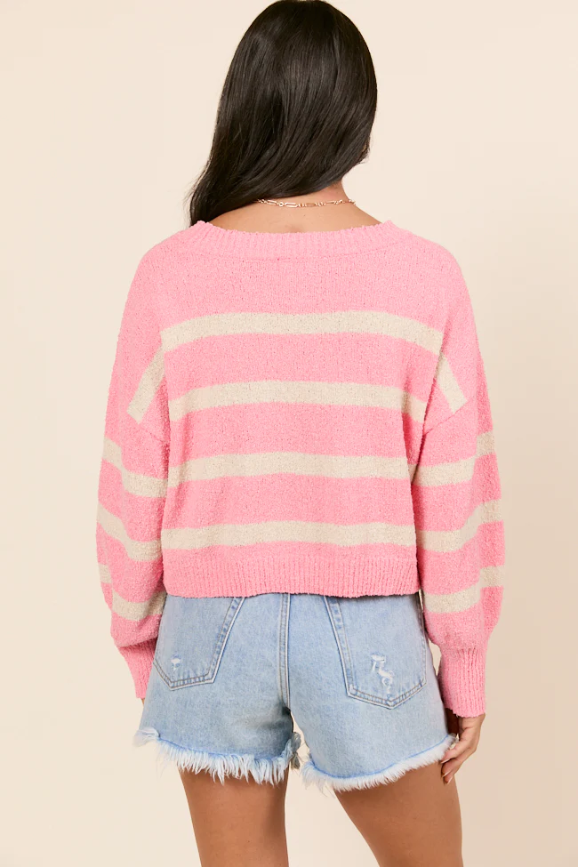 Rosey Long Sleeve Pink Striped Crewneck Sweater - Terpint