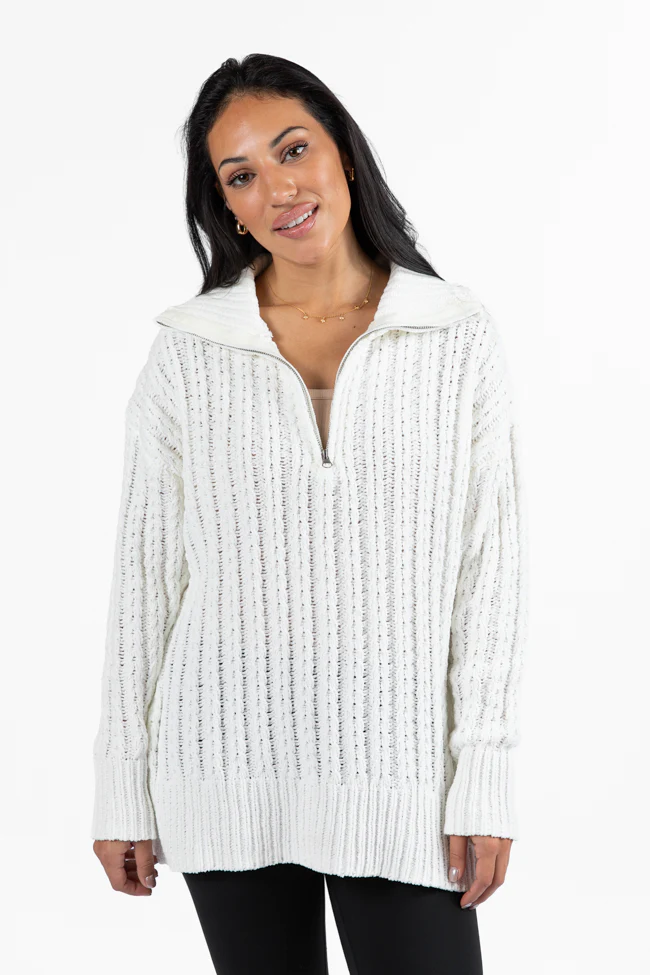 Forever Yours White Cable Knit Chenille Quarter Zip Sweater FINAL SALE - Terpint