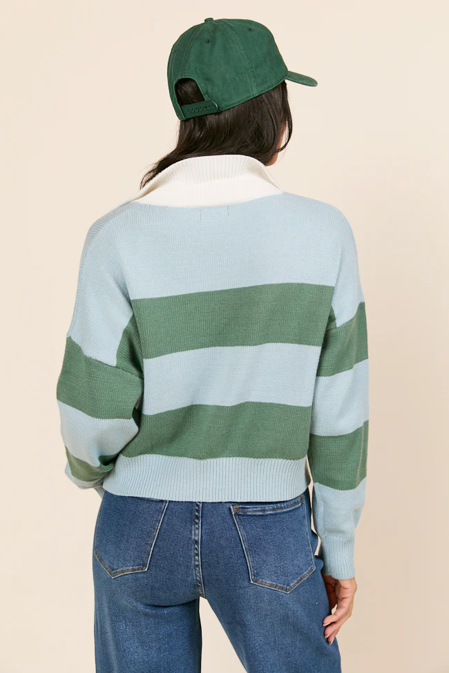 Hibiscus Blue and Green Striped Collared V-Neck Sweater - Terpint
