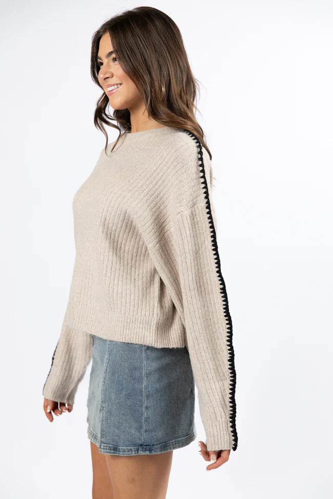 In and Out Taupe and Black Contrast Stitch Sweater FINAL SALE - Terpint
