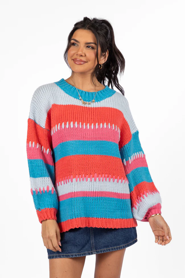 Something Extra Blue Multi Stripe Chunky Knit Stitch Detail Sweater FINAL SALE - Terpint