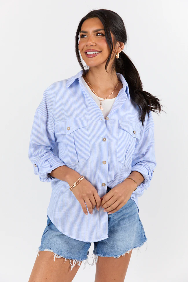 Coastline Walk Blue Striped Linen Blend Button Down Top FINAL SALE - Terpint
