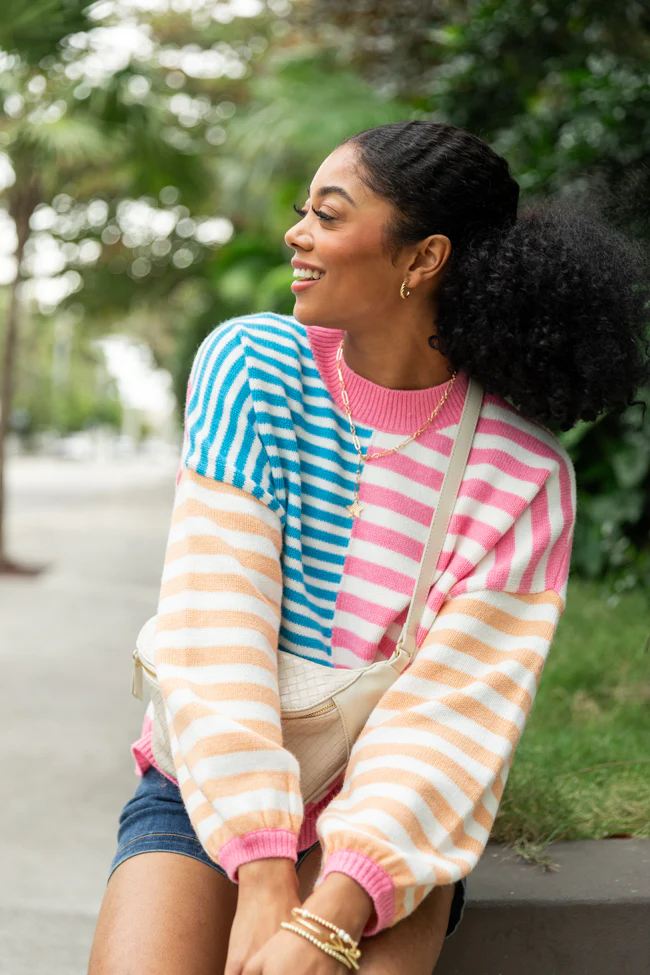 Delightful Days Blue, Pink, and Orange Multi Color Block Striped Sweater FINAL SALE - Terpint