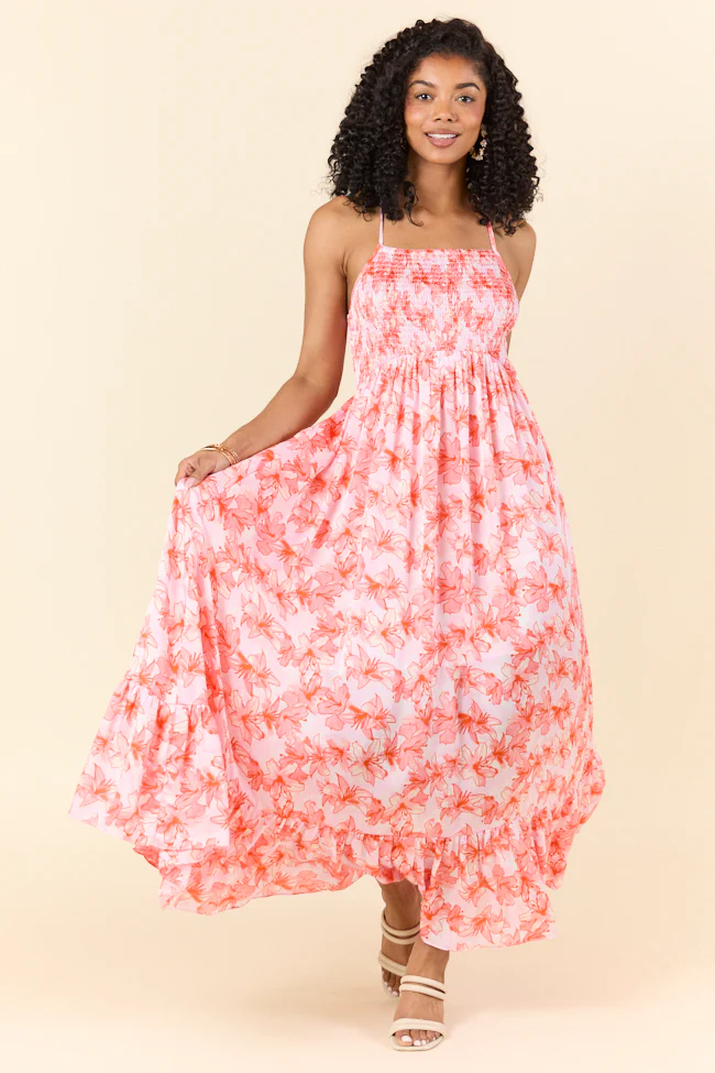 Floral Symphony Pink and Orange Smocked Maxi Dress FINAL SALE - Terpint