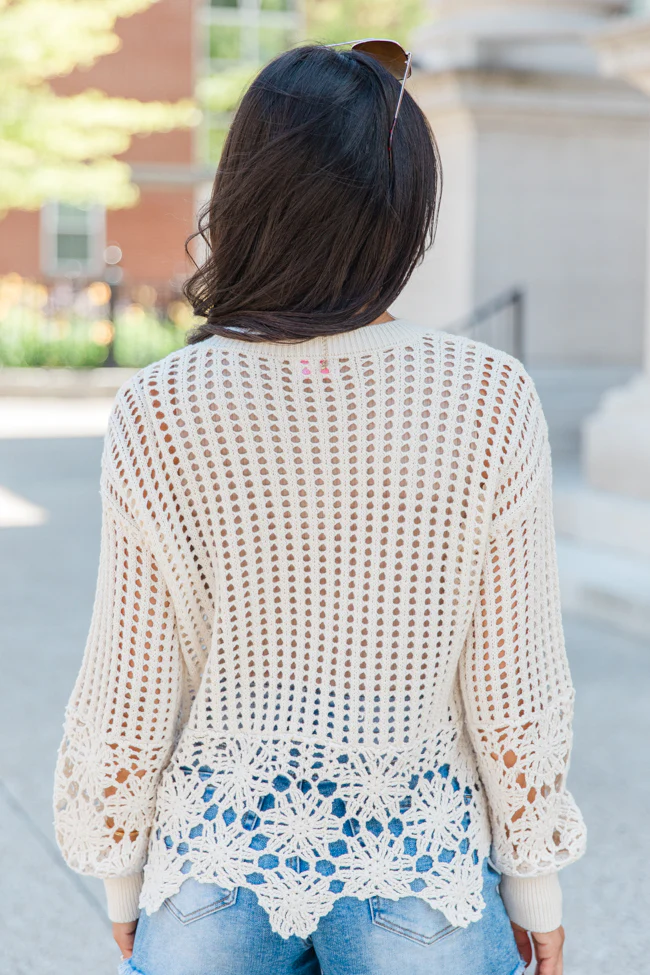 A Little Dramatic Crew Flower Trim Crochet Sweater - Terpint