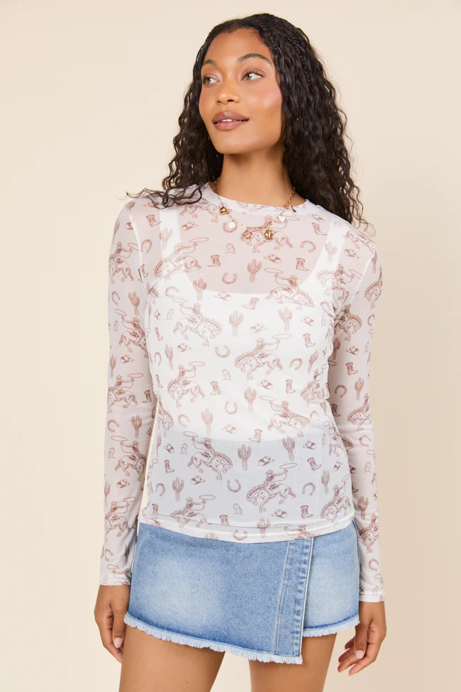 Darlene Long Sleeve White Rodeo Mesh Crewneck Top - Terpint