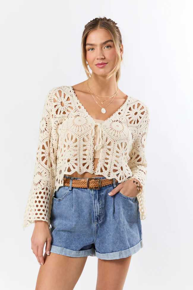 Morning Sun Beige Crochet Tie Front Cardigan FINAL SALE - Terpint