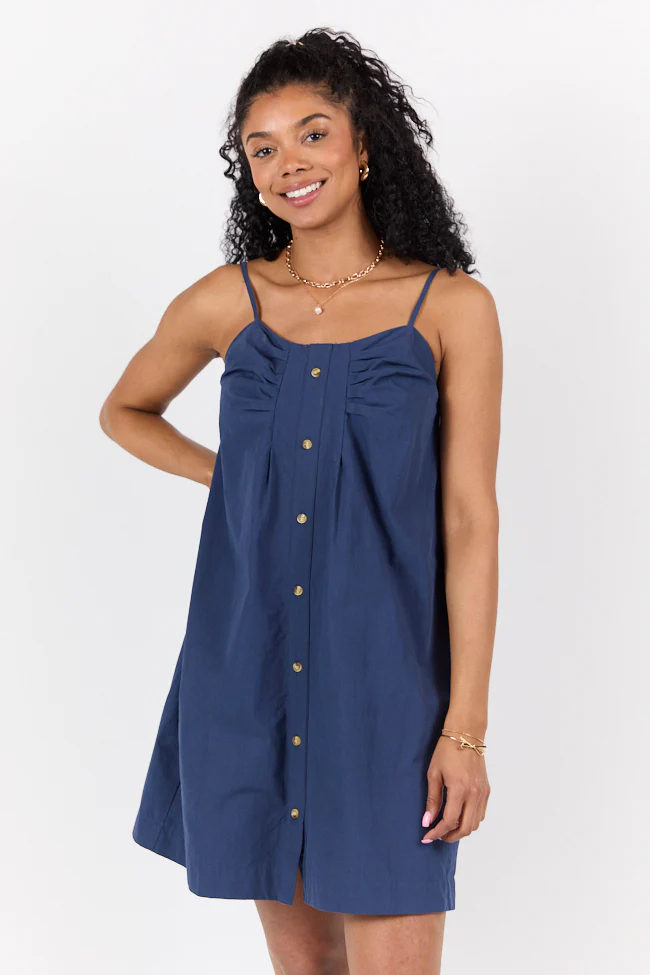 No Looking Back Navy Button Front Dress DOORBUSTER - Terpint