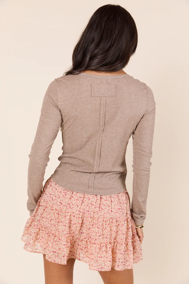 Suanna Long Sleeve Taupe Ribbed Knit Tee - Terpint