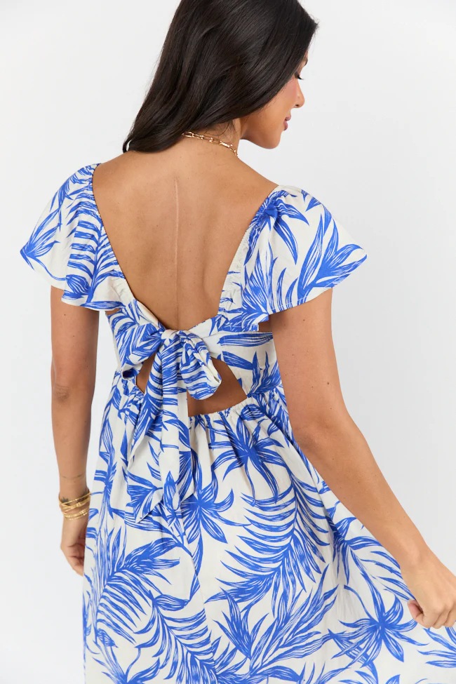 Palm Oasis Blue and White Leaf Printed Midi Dress - Terpint
