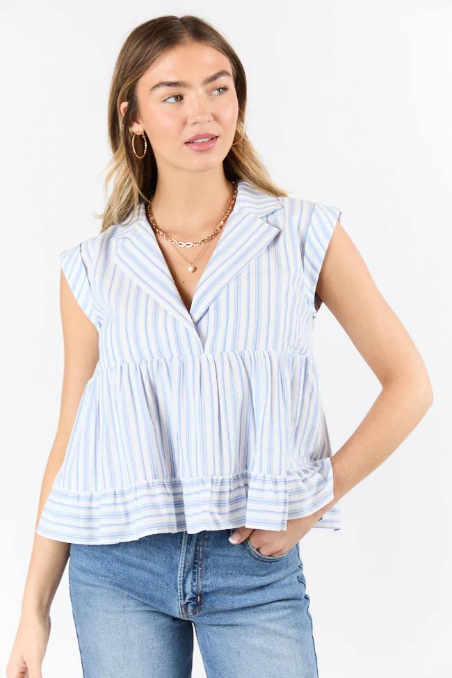 Perfect Aura Blue Striped Collared Tank - Terpint