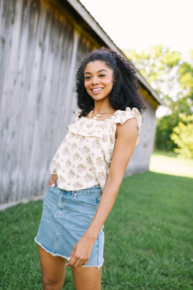 Mary Pink And Green Floral Printed Gauze Woven Tank - Terpint