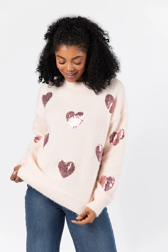True Romance Blush Sequin Heart Sweater FINAL SALE - Terpint