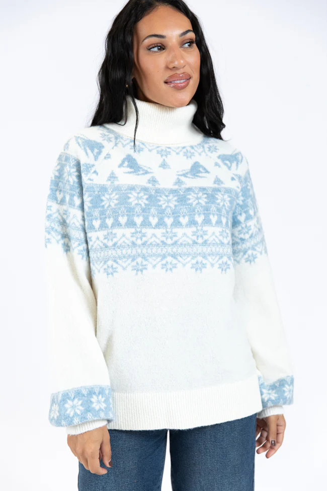 For The Best Ivory and Blue Ski Print Fair Isle Turtleneck Sweater FINAL SALE - Terpint