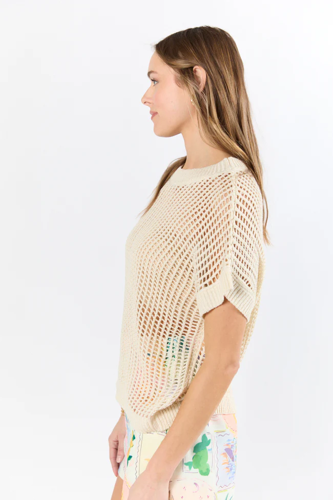 Wave Of Relief Beige Short Sleeve Open Knit Cover Up Sweater FINAL SALE - Terpint