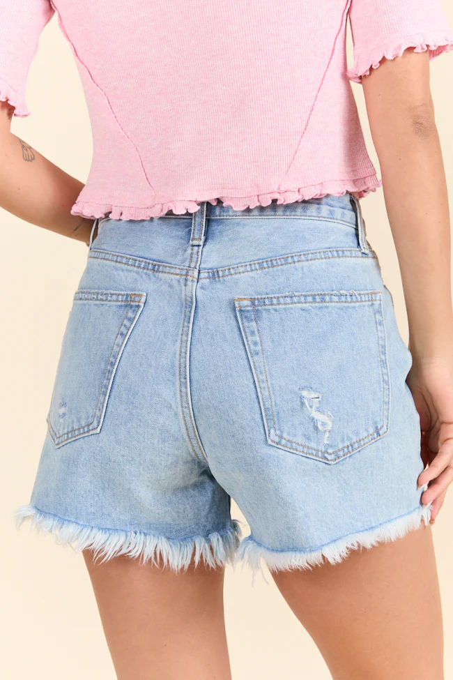 Good Starts Light Wash Distressed Denim Shorts DOORBUSTER - Terpint