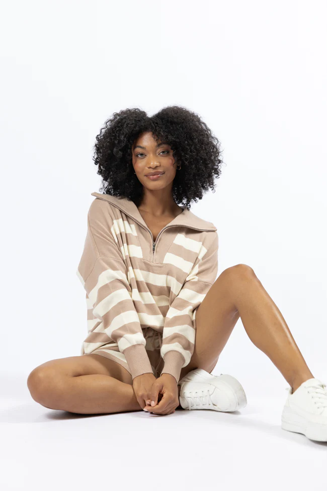 Pulling Heartstrings Taupe And Cream Striped Quarter Zip Pullover FINAL SALE - Terpint