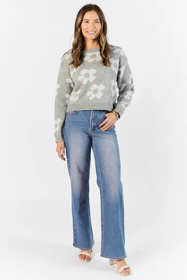 Get To Know You Heather Grey Floral Sweater FINAL SALE - Terpint