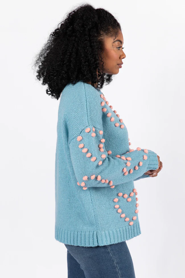 Adore You Blue and Pink Oversized Heart Pom Sweater FINAL SALE - Terpint