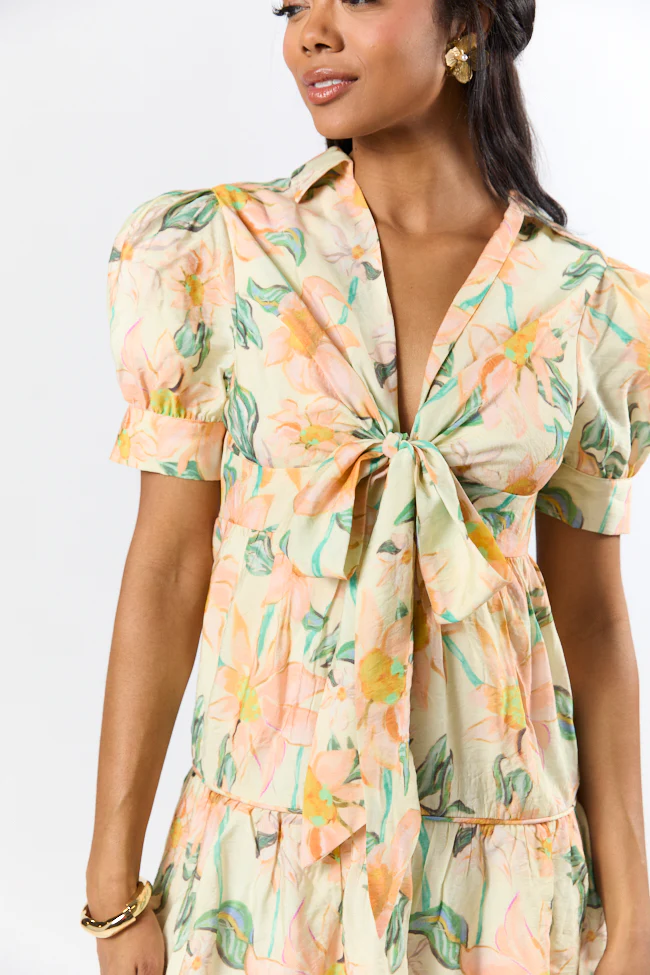 Off The Vine Multi Floral Print Front Tie Shirt Dress SALE - Terpint