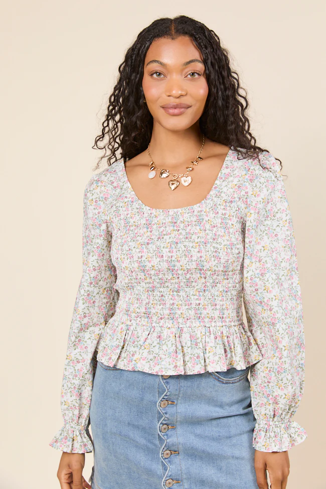 Petunia Long Sleeve Smocked Floral Woven Top - Terpint