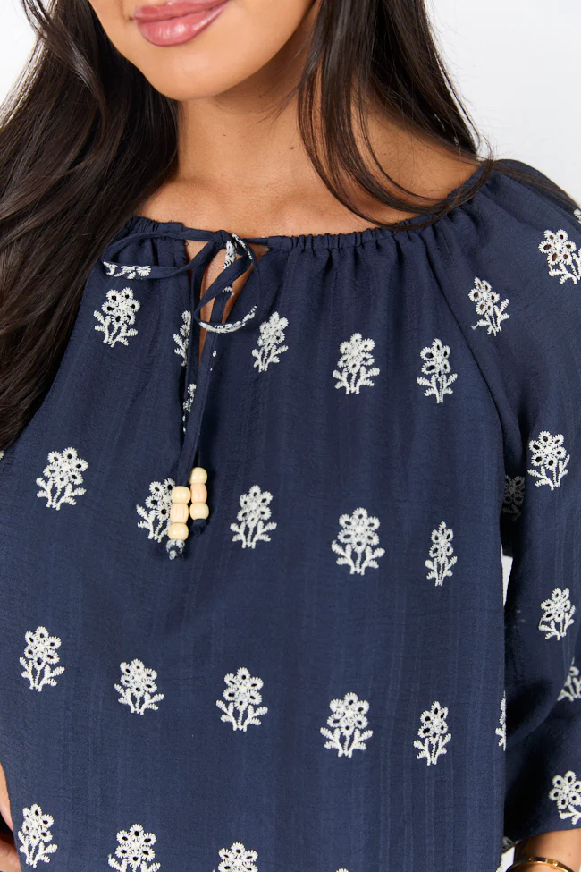 Come Along Navy Embroidered Woven Pop Over Blouse FINAL SALE - Terpint