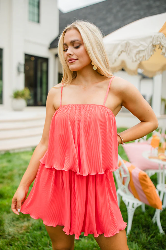 In the Afterglow Hot Coral Pleated Romper FINAL SALE - Terpint