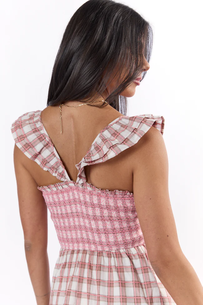 Checked Treasures Pink and Brown Plaid Tiered Midi Dress SALE - Terpint