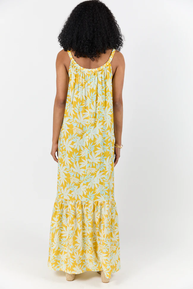 Painting The Sky Yellow Leaf Print Maxi Dress DOORBUSTER - Terpint
