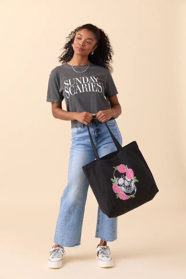 Skull and Roses Washed Black Graphic Tote Bag - Terpint