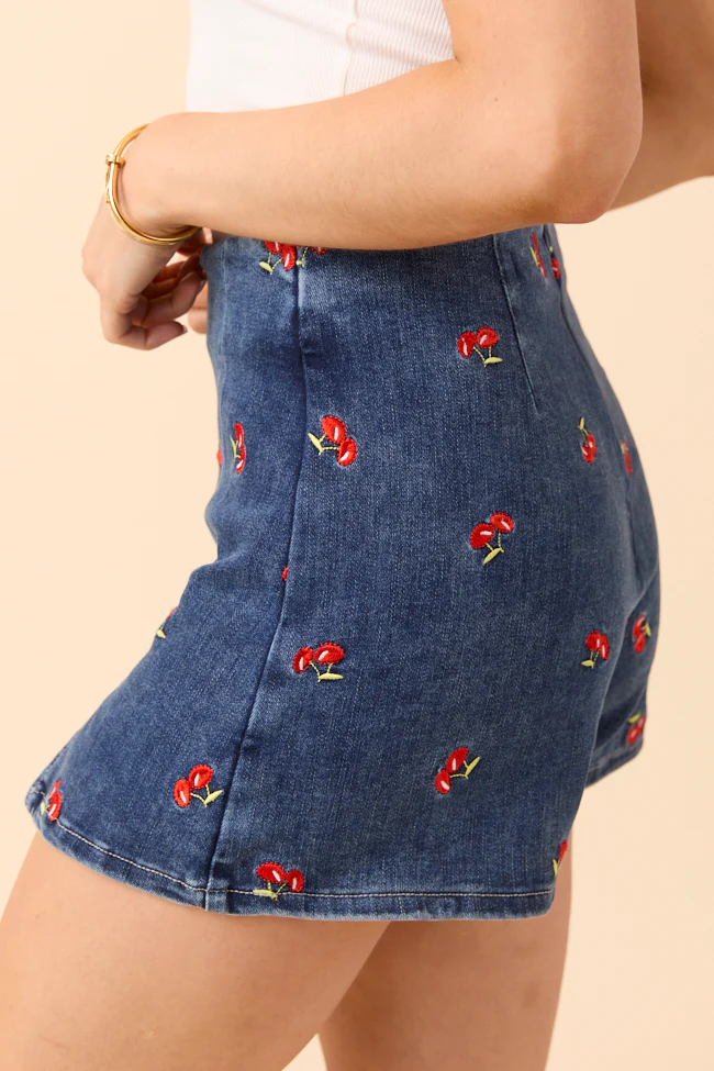 My Favorite Dark Wash Cherry Embroidered Side Slit Denim Skort - Terpint