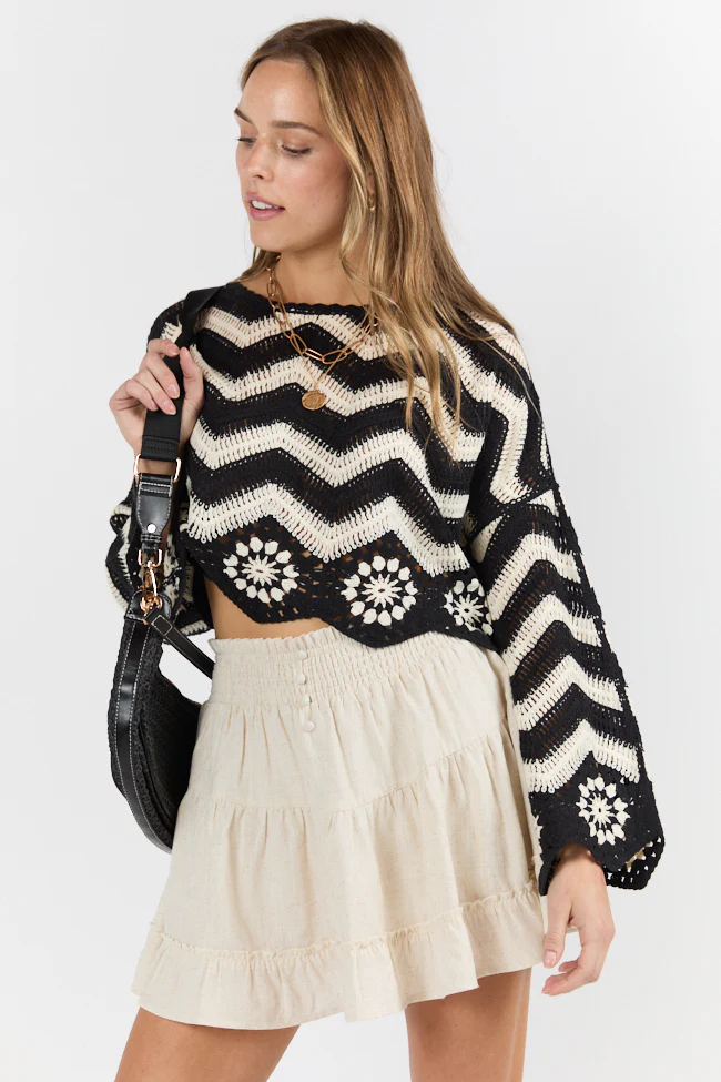 Saltwater Nights Black and Ivory Crochet Sweater DOORBUSTER - Terpint