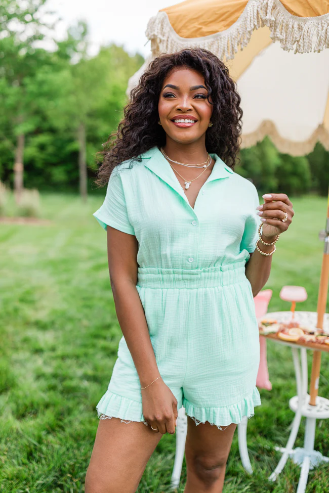 Stop And Stare Mint Flutter Hem Collared Romper FINAL SALE - Terpint