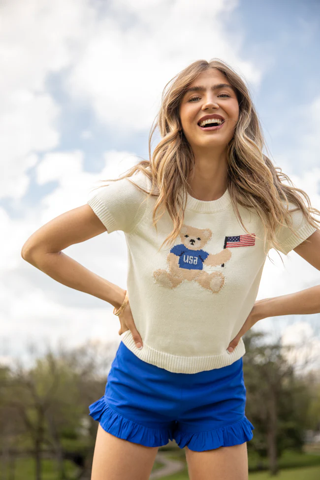 Made For Celebratin' Ivory Americana Short Sleeve Bear Sweater FINAL SALE - Terpint