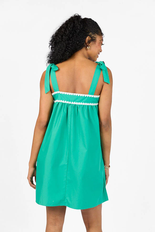Better This Way Green Tie Shoulder Stitched Trim Mini Dress FINAL SALE - Terpint