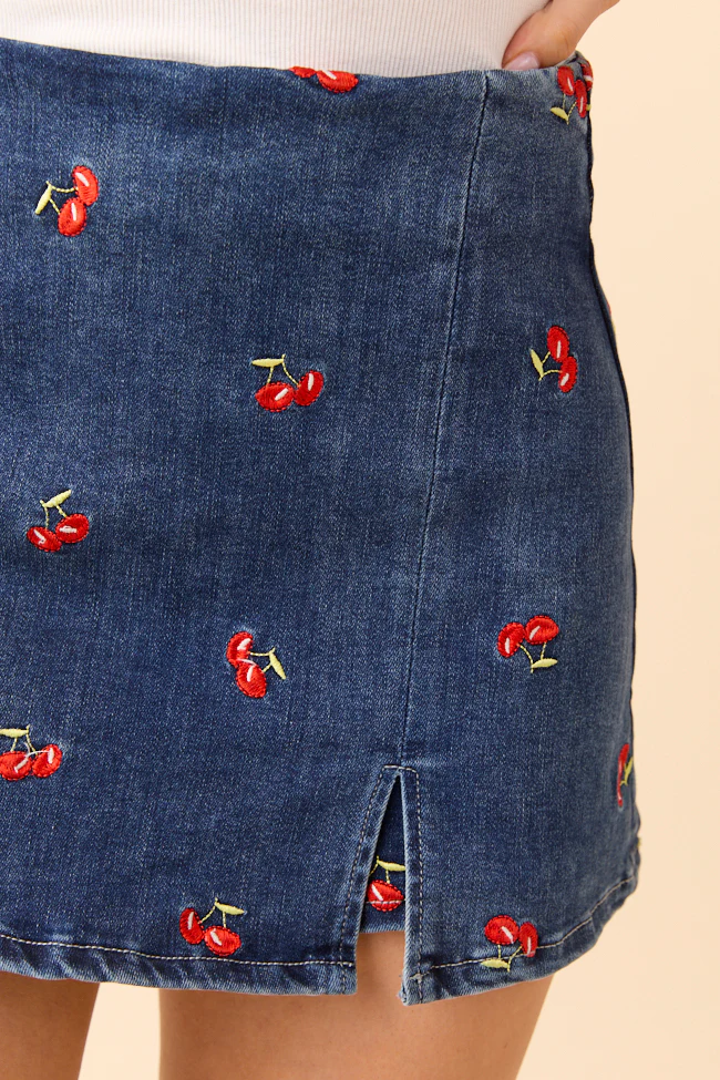 My Favorite Dark Wash Cherry Embroidered Side Slit Denim Skort - Terpint