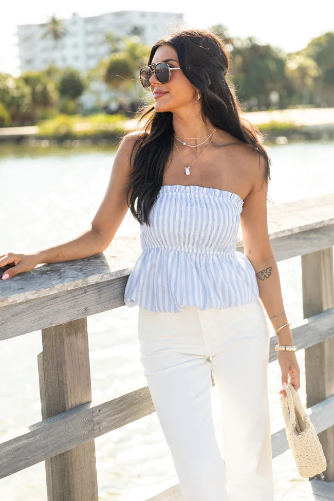 Always Captivating Blue Gingham Strapless Bubble Hem Top - Terpint