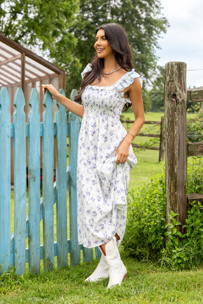 Lizzy Ruffle Smocked Top Blue Floral Maxi Dress - Terpint