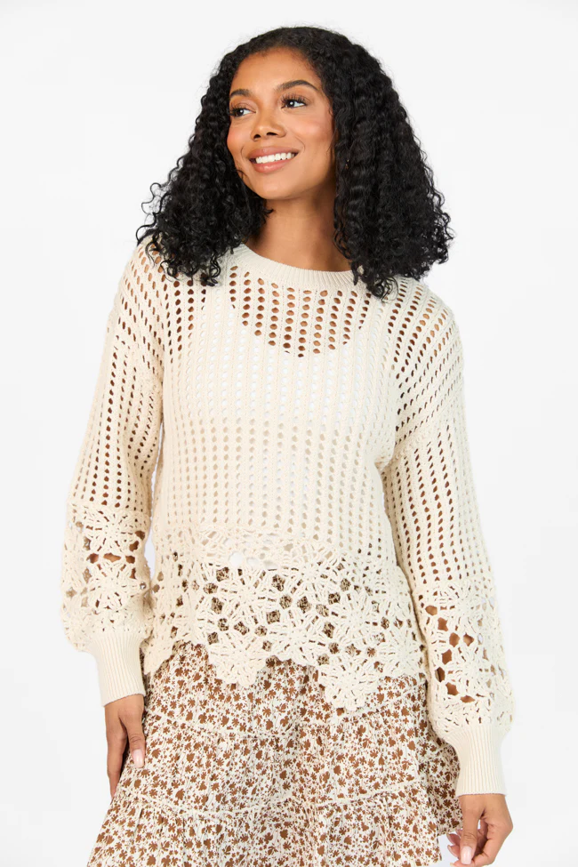 A Little Dramatic Crew Flower Trim Crochet Sweater - Terpint