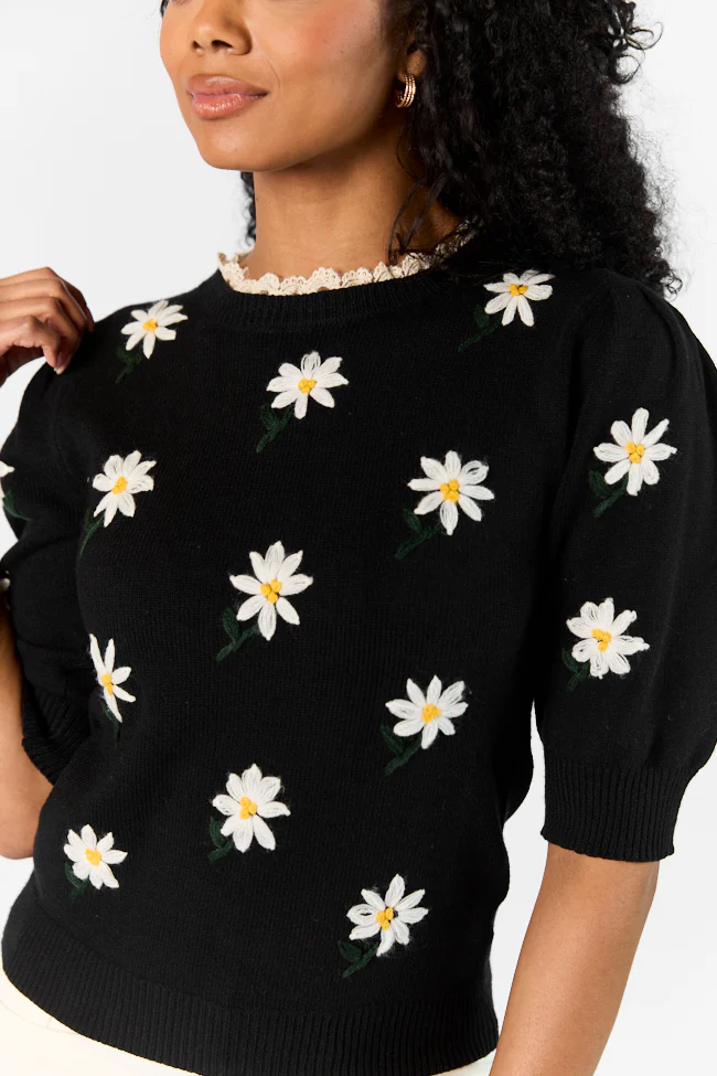Around The Garden Black Floral Embroidered Lace Trim Short Sleeve Sweater FINAL SALE - Terpint