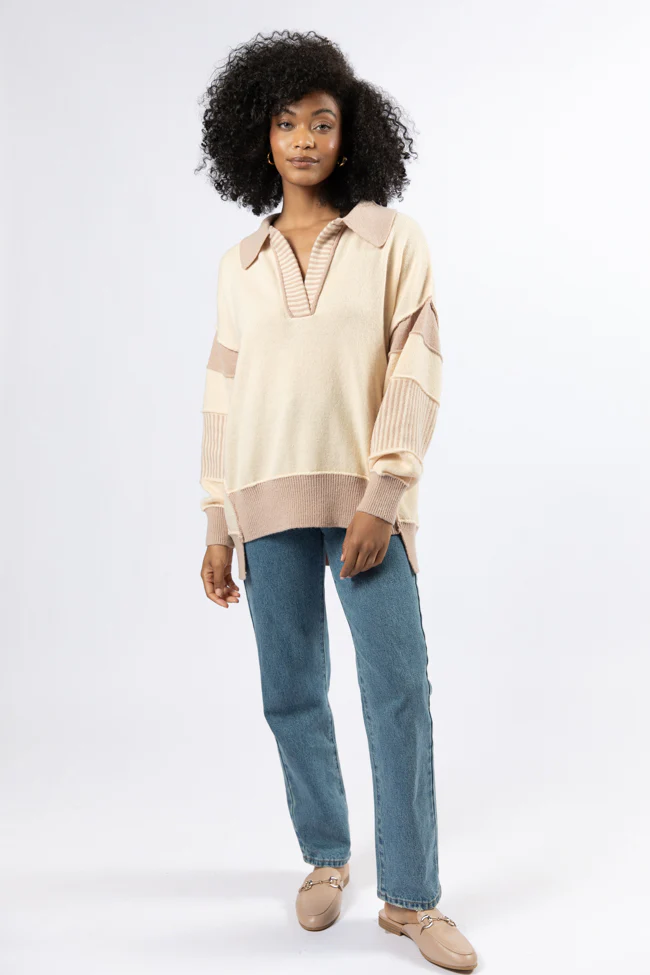Think About It Cream and Mauve Collared Oversized Sweater - Terpint