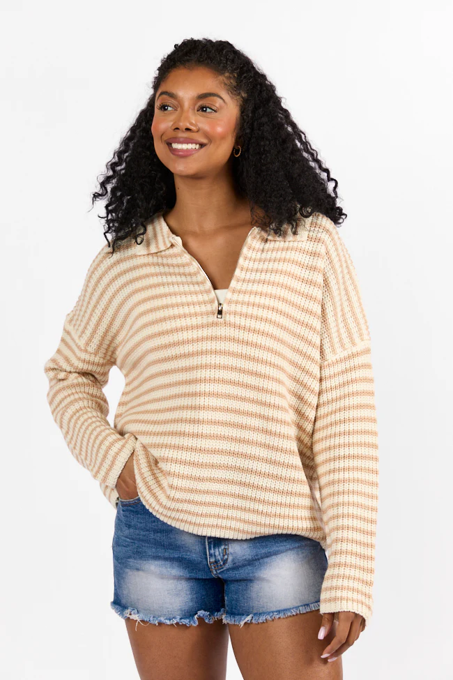 Bayside Breeze Ivory and Tan Stripe Quarter Zip Pullover Sweater FINAL SALE - Terpint